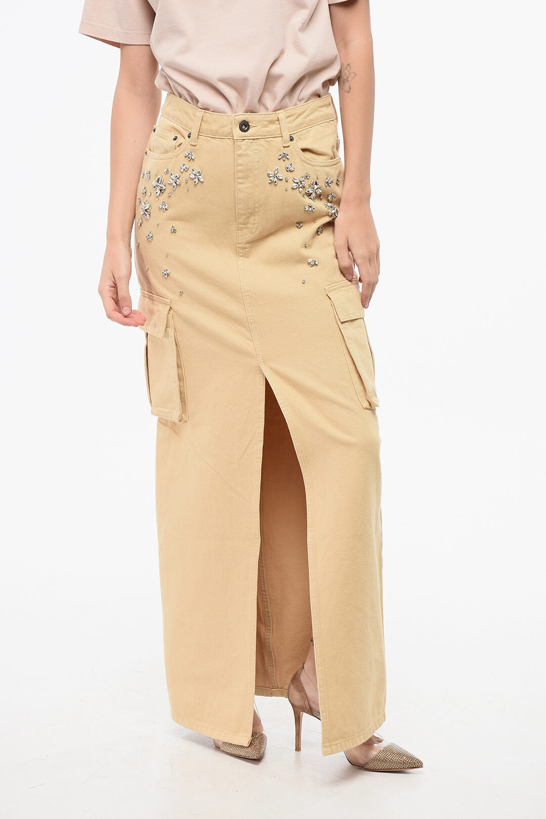 self-portrait 2405~Denim Maxi Cargo Skirt Embellished with Jewelry