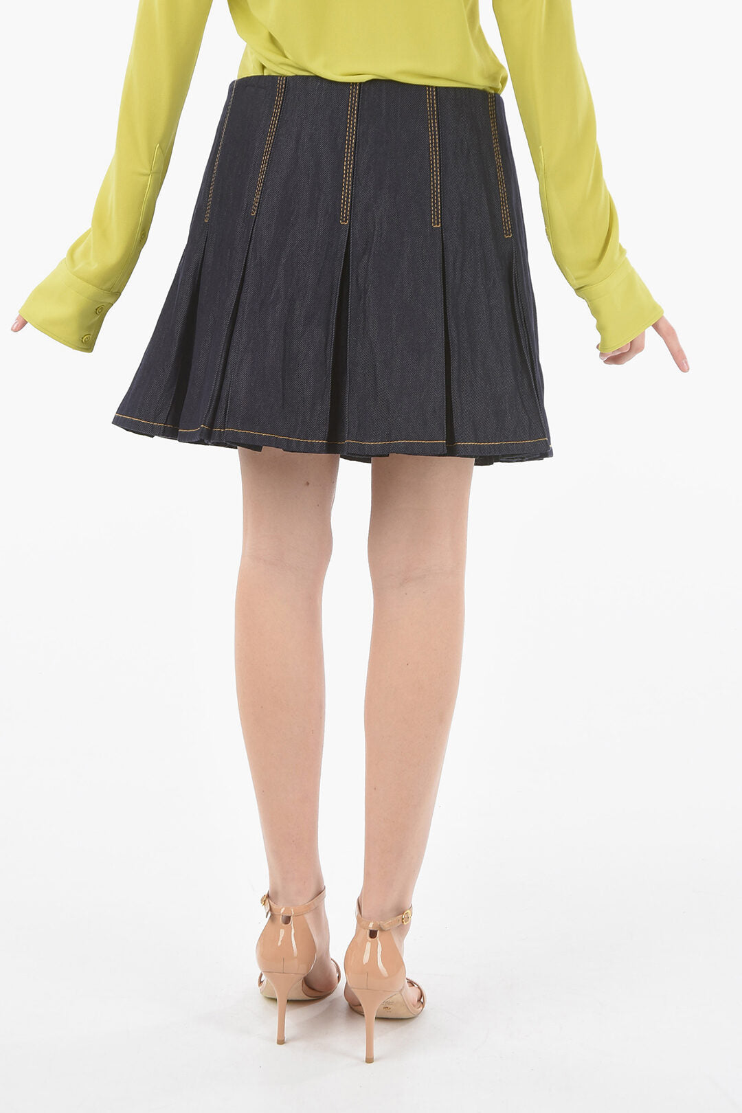 Bottega Veneta 2405~Denim Mini Skirt with Pleated Design and Side Zip Closure, view 2