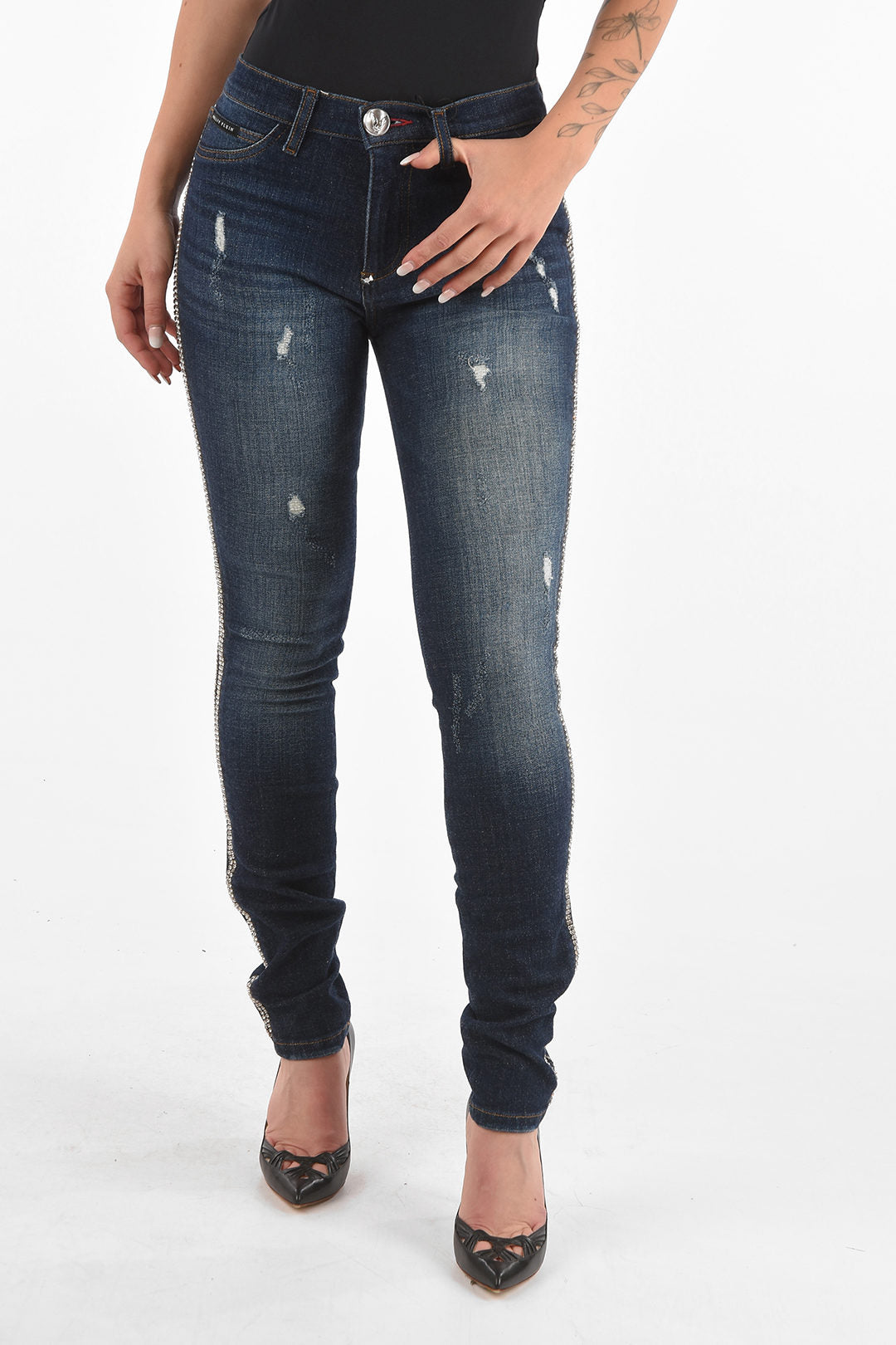 Philipp Plein 2405~Distressed Denim Jeggings CRYSTAL STRIPE