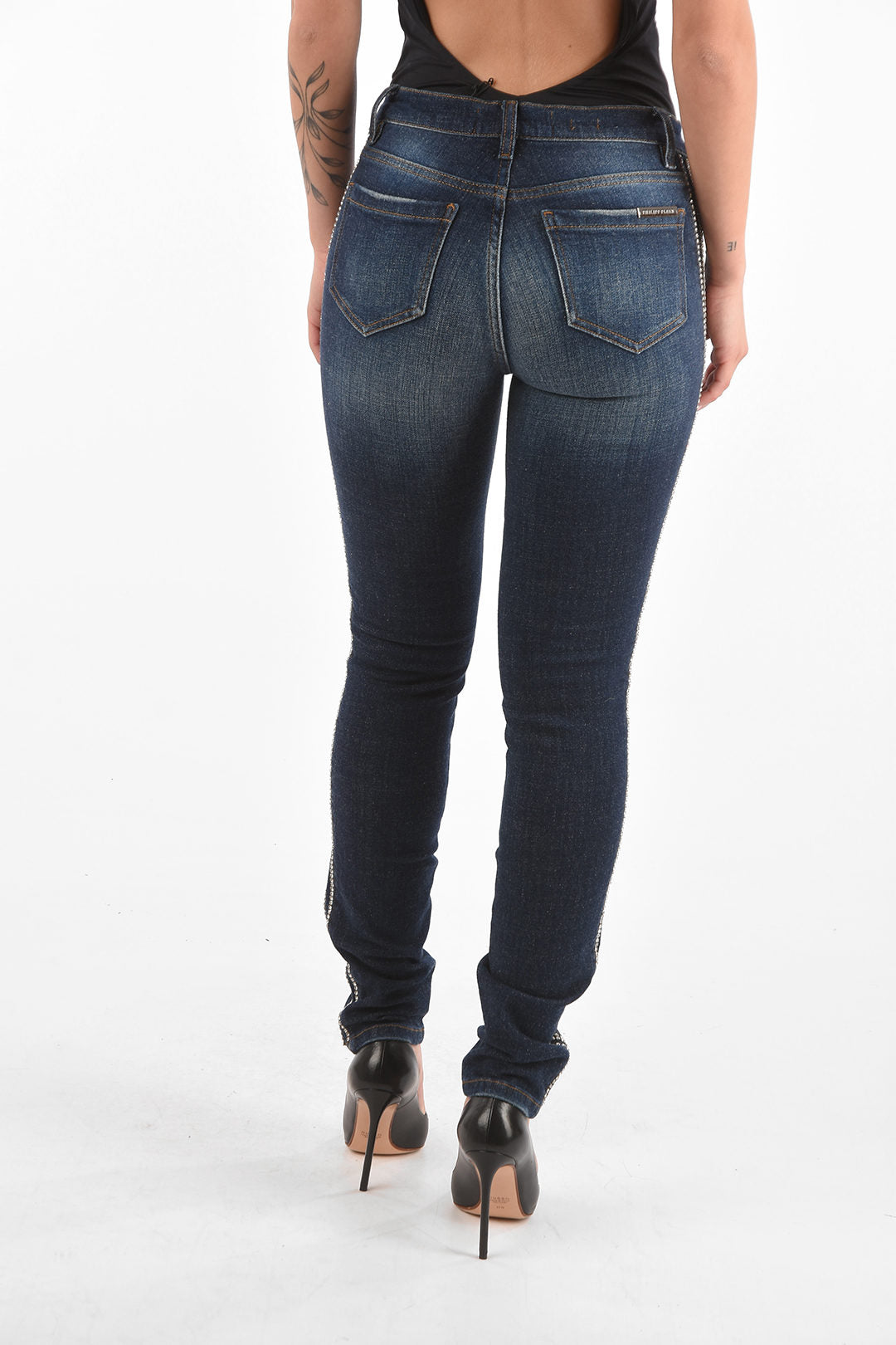 Philipp Plein 2405~Distressed Denim Jeggings CRYSTAL STRIPE, view 2