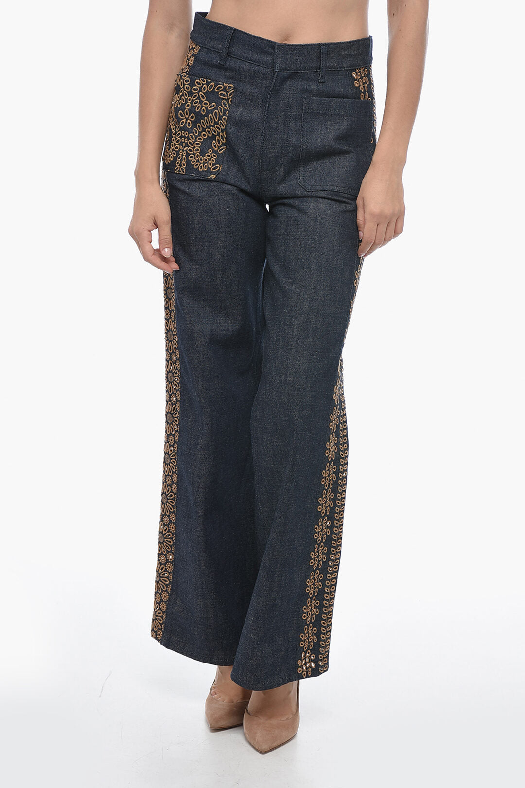 Dior 2405~Embroidered Denim Palazzo Jeans with Dark Wash 28cm