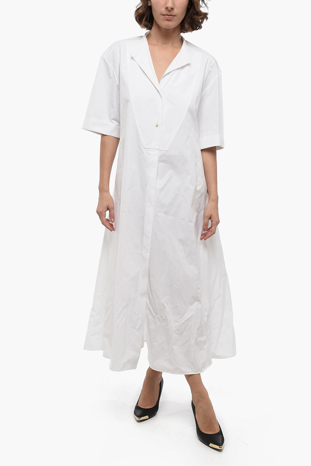 Jil Sander 2405~Flared Cotton Poplin Shirtdress with Hidden Button Closure