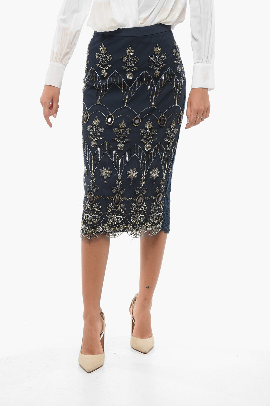 Elisabetta Franchi 2405~Lace Midi Skirt with Embroidery and Crystals