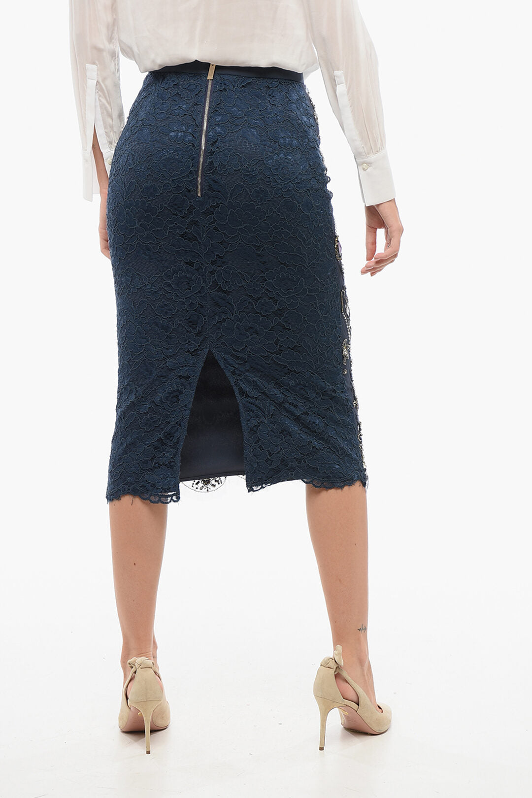 Elisabetta Franchi 2405~Lace Midi Skirt with Embroidery and Crystals, view 2