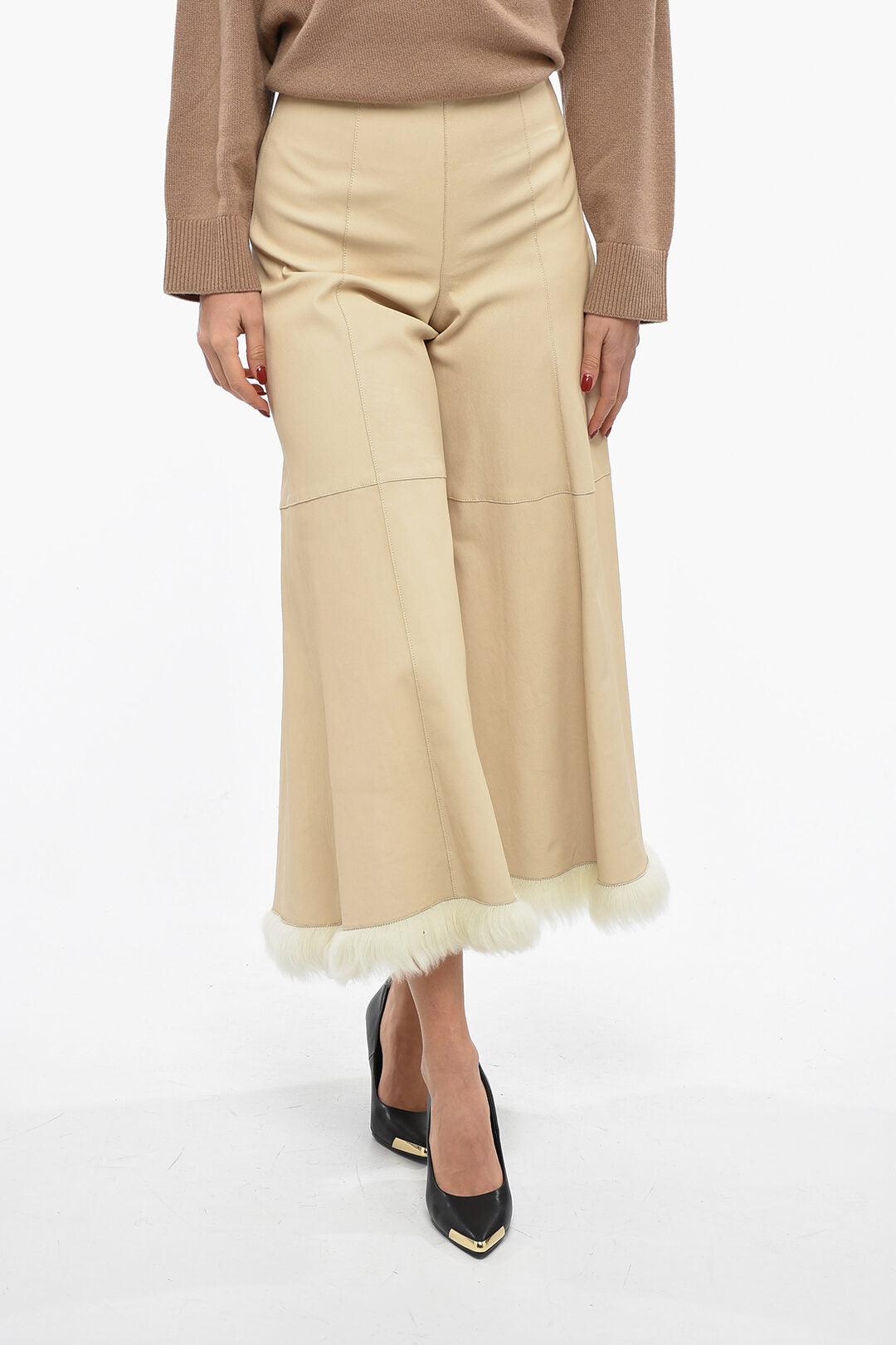 By Malene Birger 2405~Leather Boot-Cut Pants MURIELL with Fur Hem
