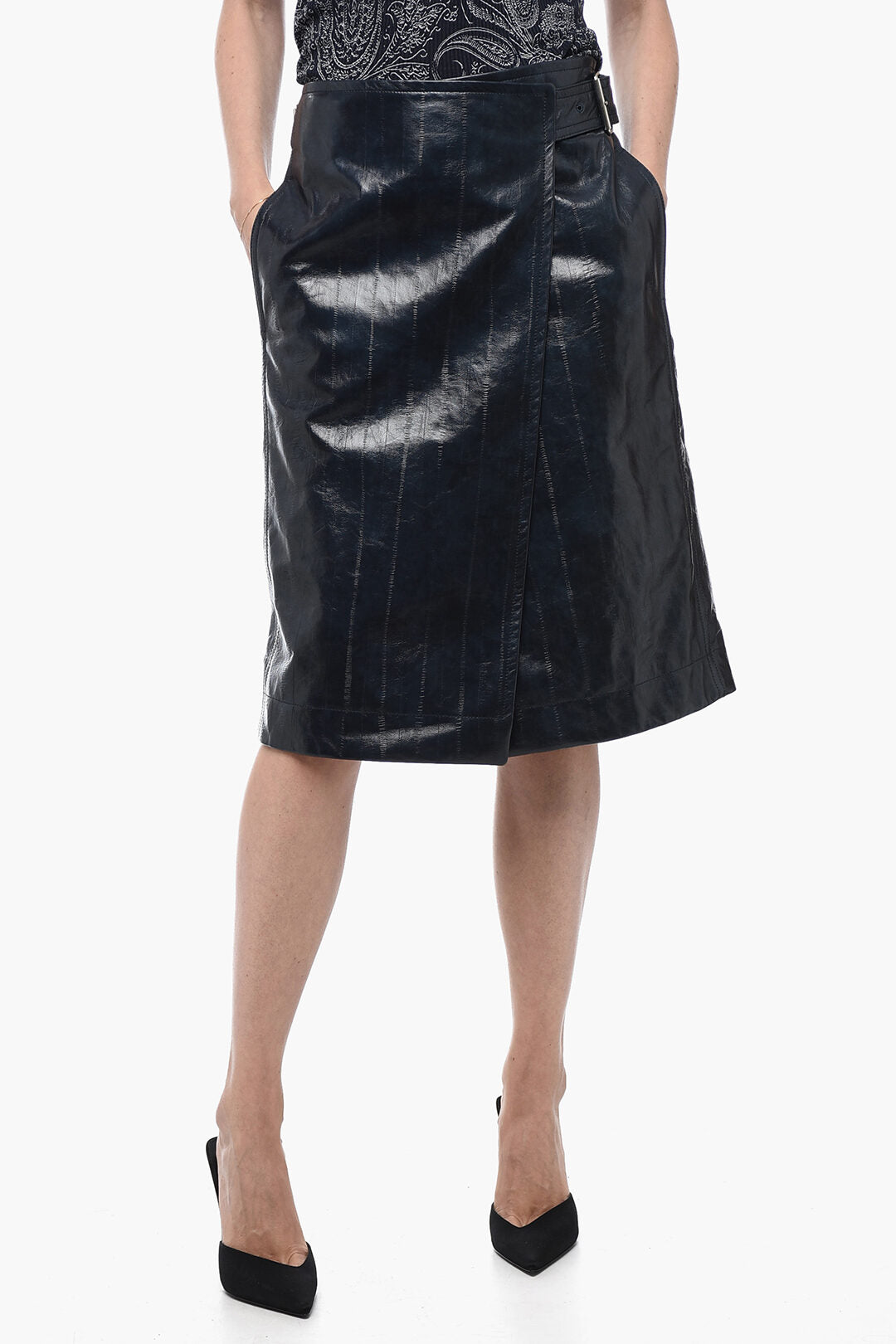 Bottega Veneta 2405~Leather Midi Skirt with Belt