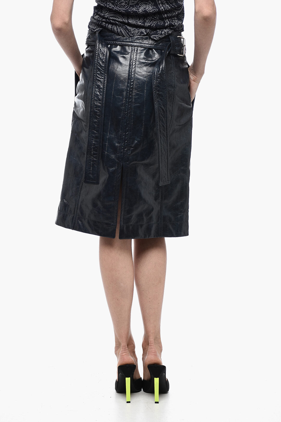 Bottega Veneta 2405~Leather Midi Skirt with Belt, view 2