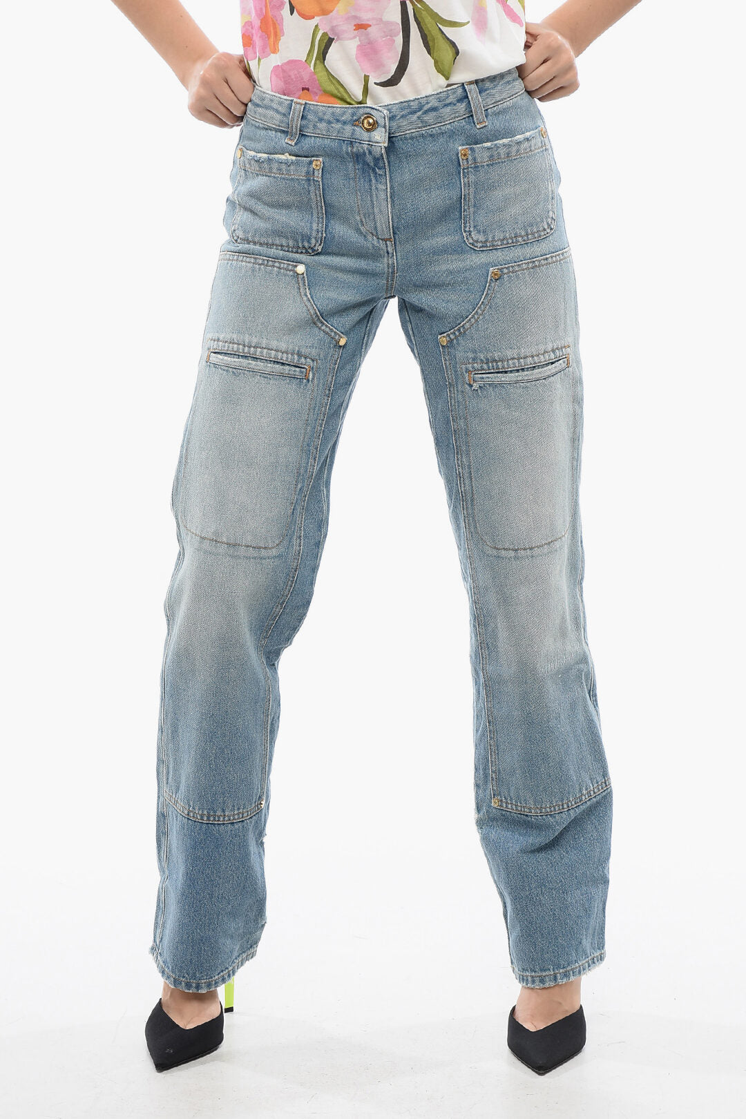 Palm Angels 2405~Light-Wash Straight-Fit Jeans with Panels