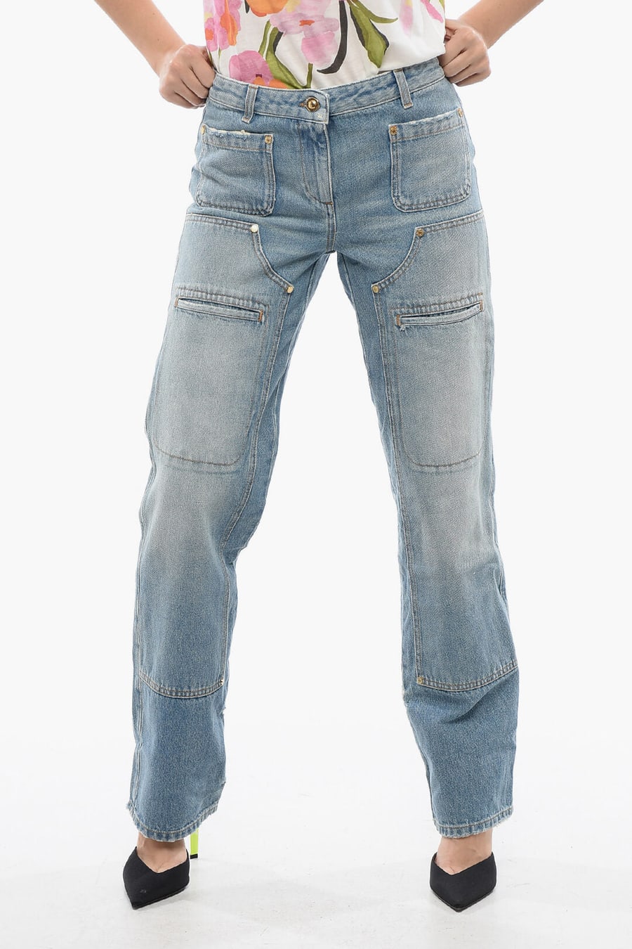 Palm Angels 2405~Light-Wash Straight-Fit Jeans with Panels