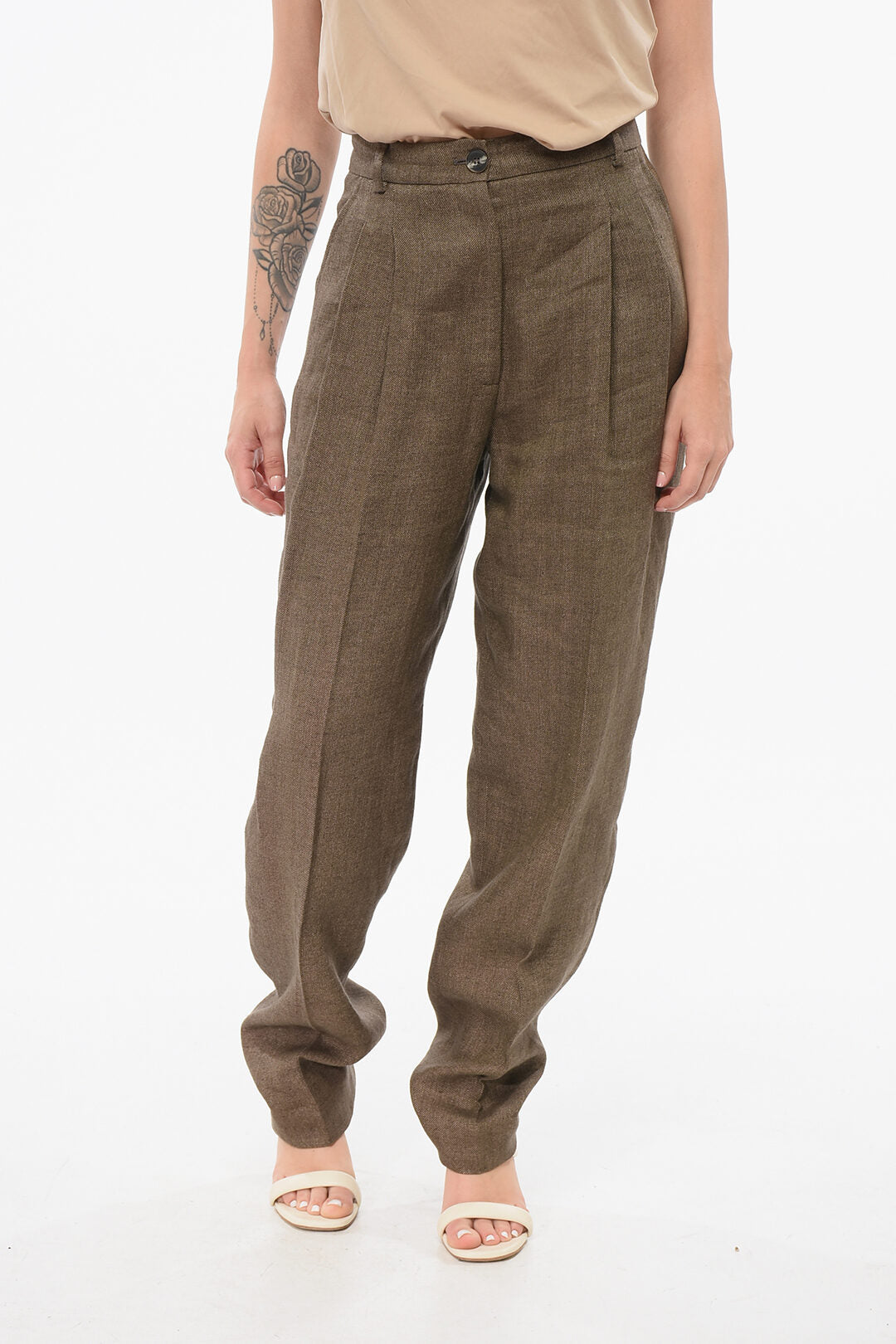 QL2 2405~Linen Trousers ROSANNA with Herringbone Pattern