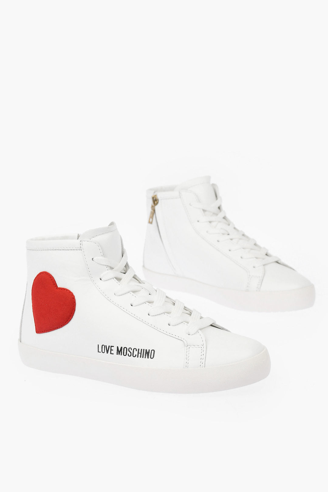 Moschino 2405~LOVE Leather High-Top Sneakers with Velvet Heart and Side Zip