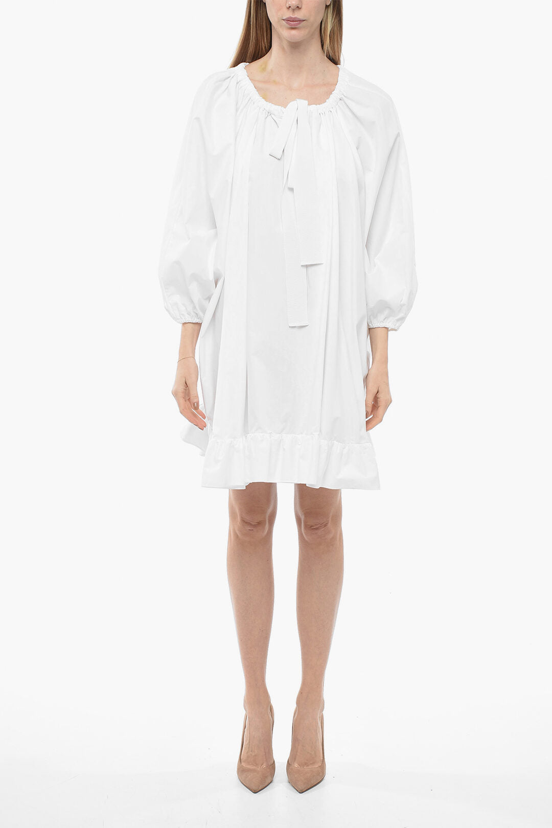 Patou 2405~Poplin Shirt Dress with Drawstring Neck and Batwing Sleeves