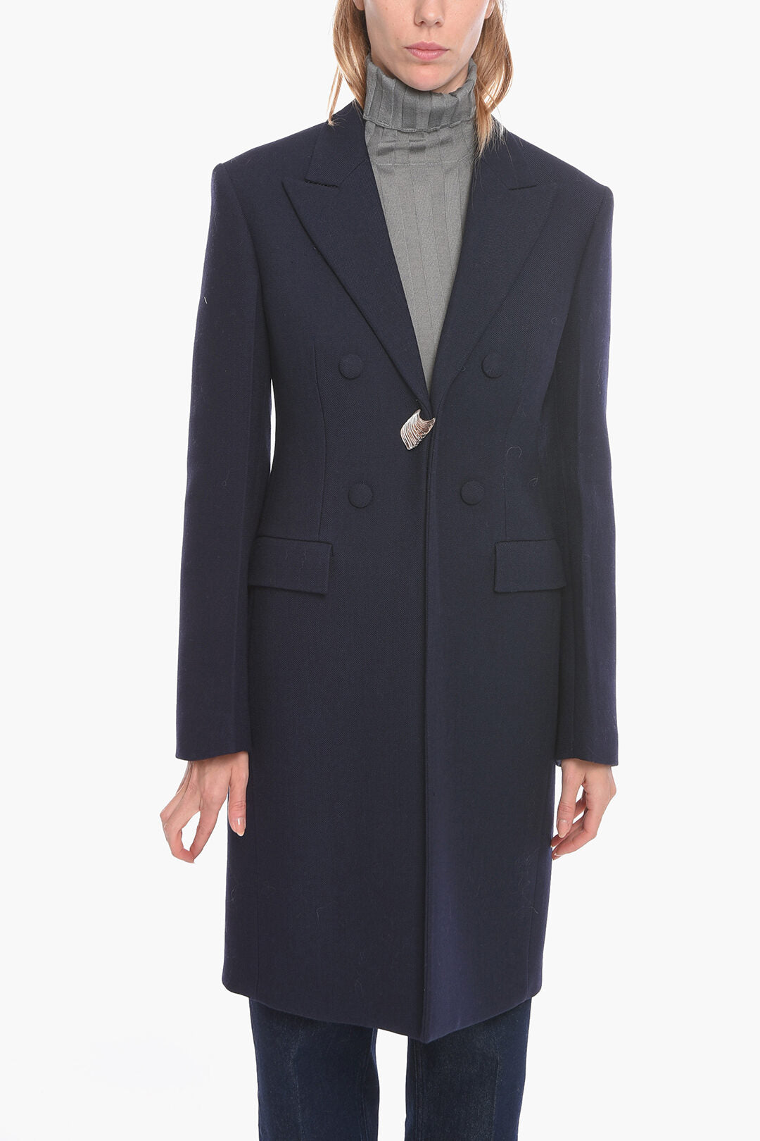 Jil Sander 2405~Single-Breasted Wool Coat with Metallic Appliqué