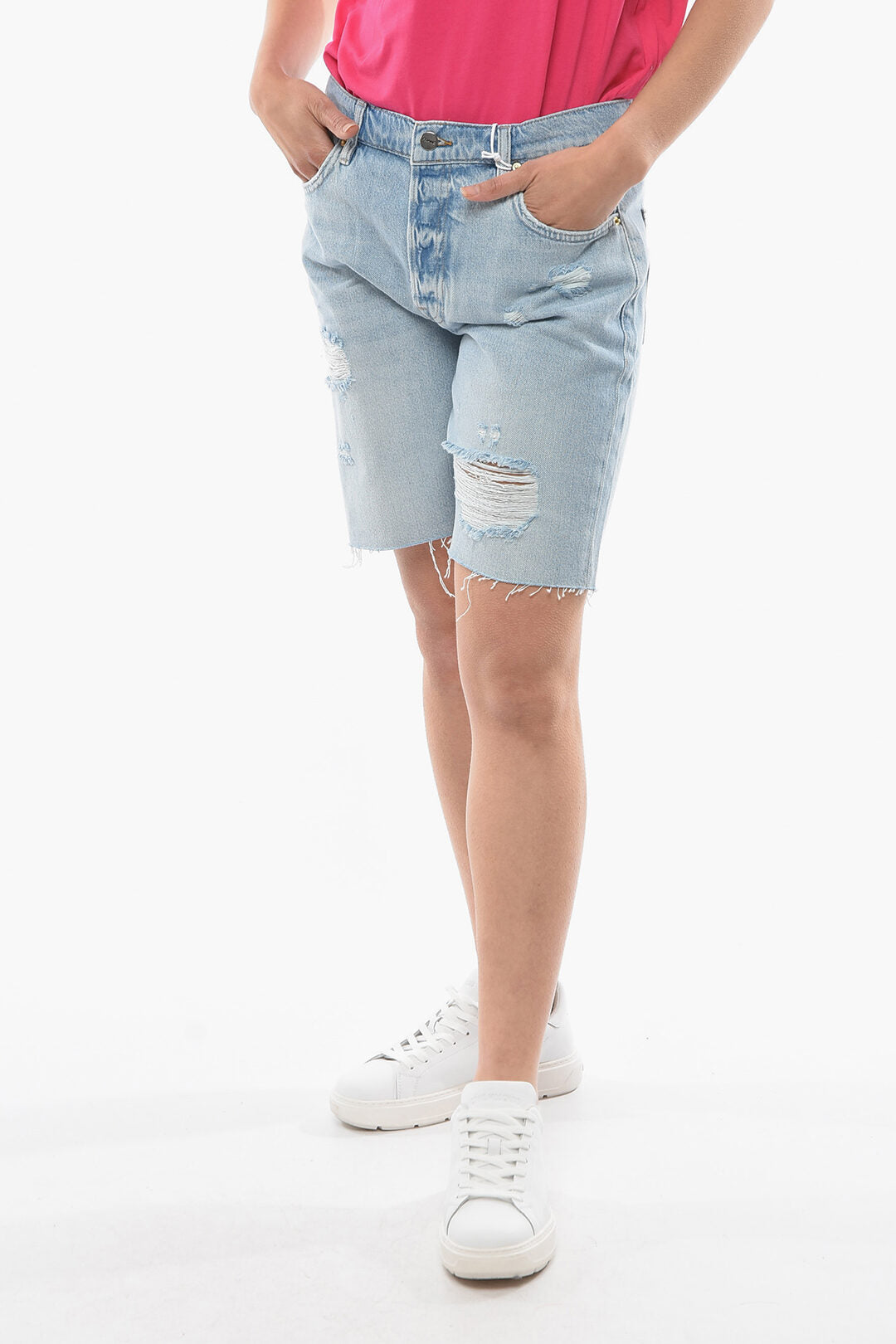 Frame 2405~Slouch-Fit Denim Shorts With Rips
