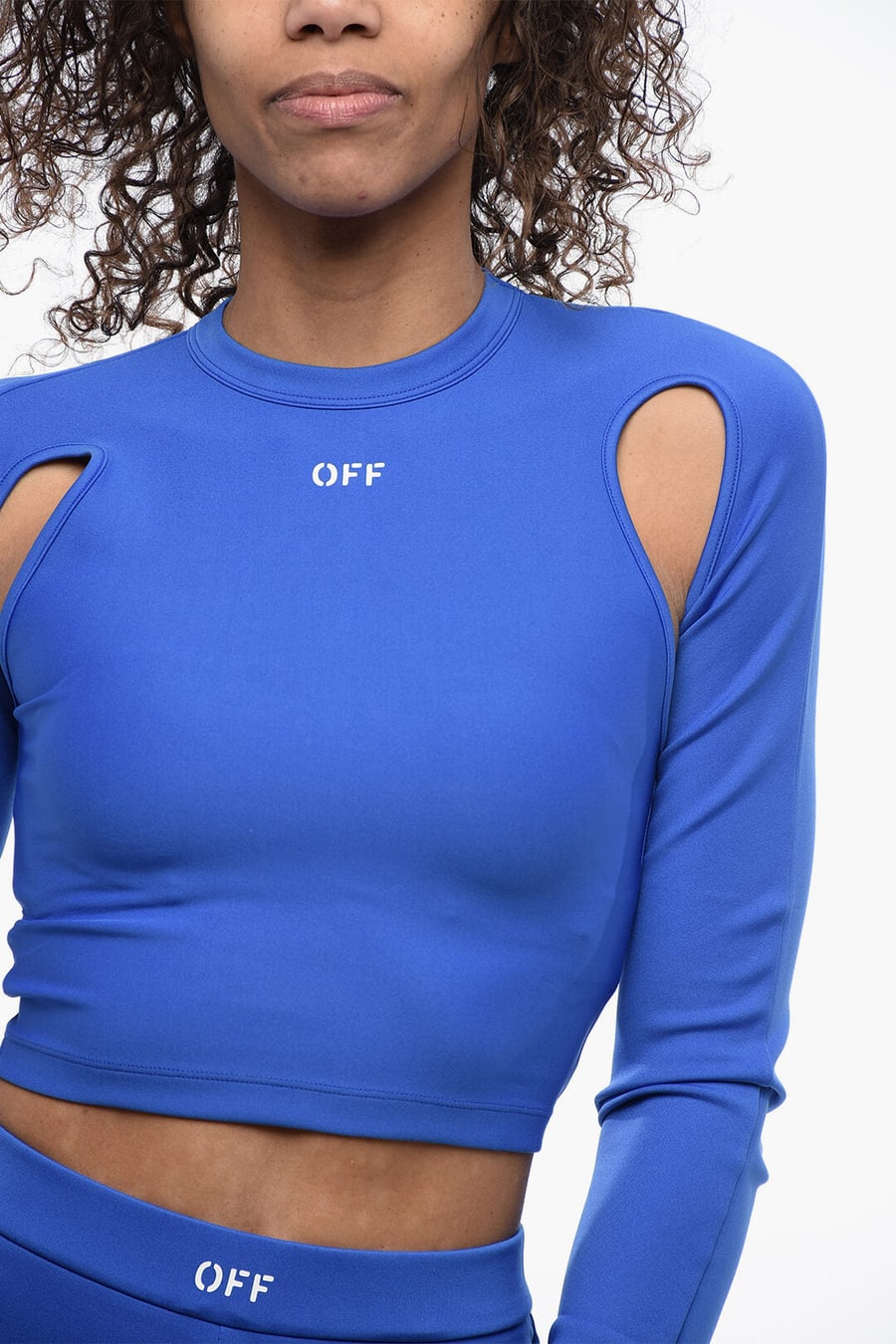 Off-White 2405~Solid-Color Active Cold-Shoulder Crop Top, view 3