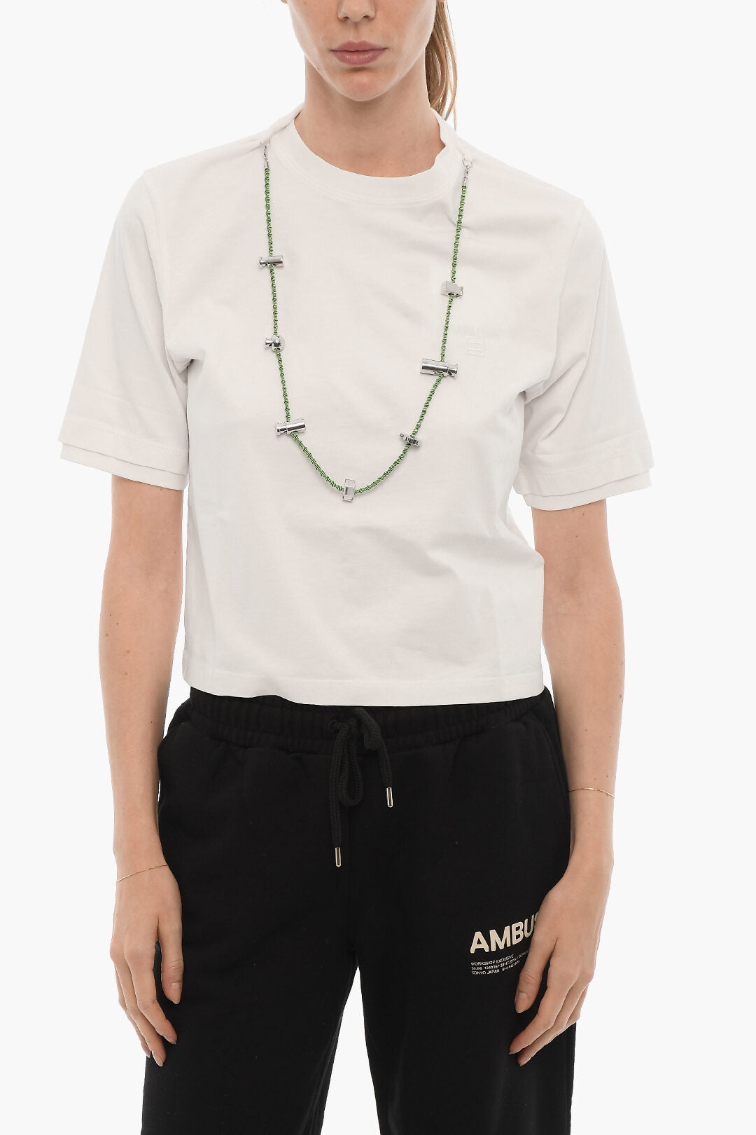 Ambush 2405~Solid-Color Crew Neck T-Shirt STOPPERS with Removable Chain
