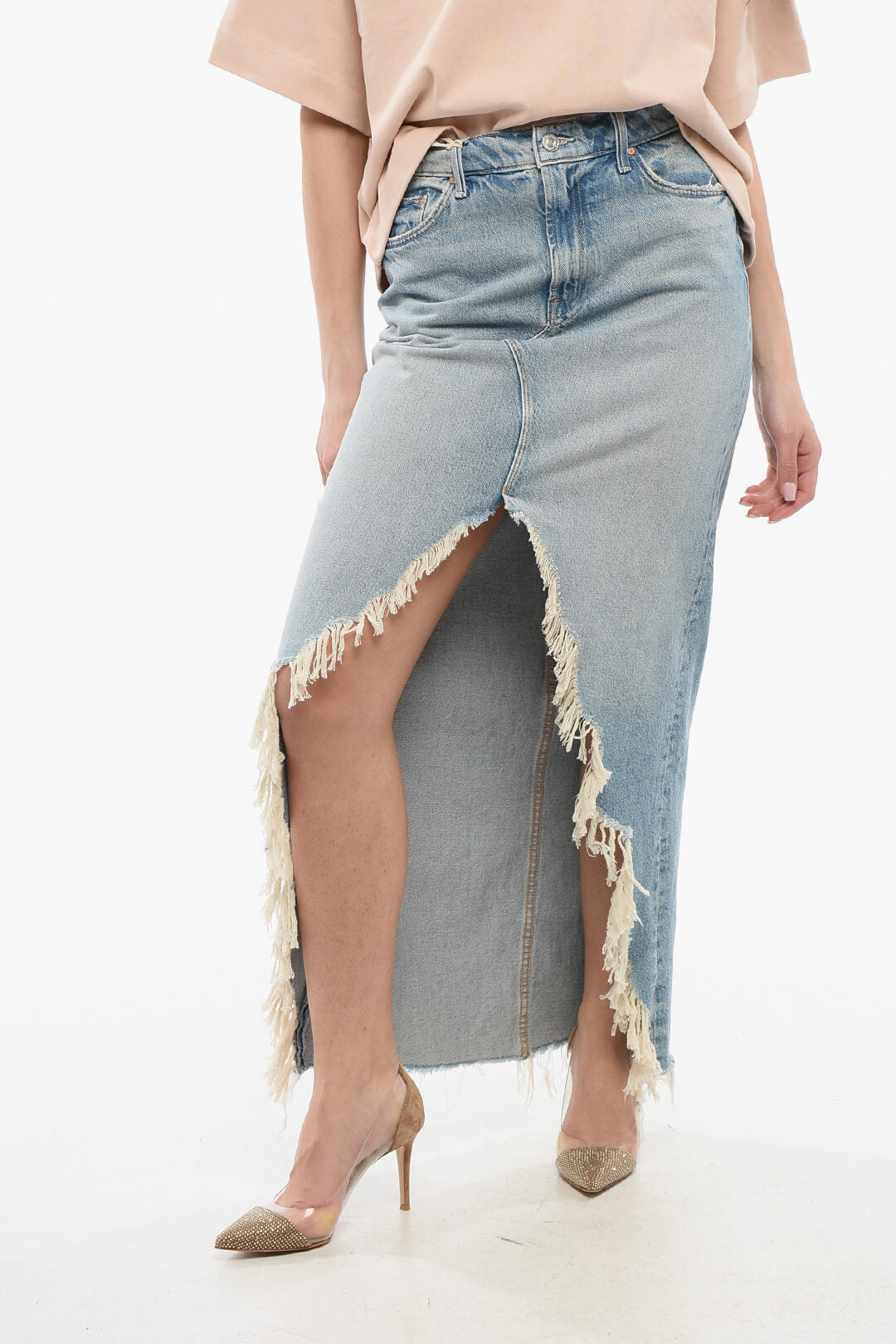 Mother 2405~SUPERIOR Denim Long Skirt THE DITCHER with Front Slit and Fringed Hem