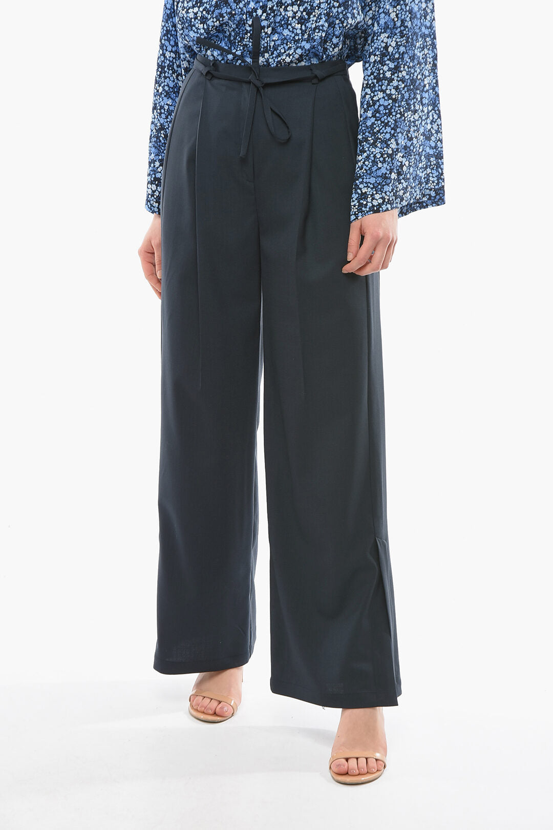 Eudon Choi 2405~Virgin Wool Wide Leg Trousers TANDIN With Ankle Split And Belt