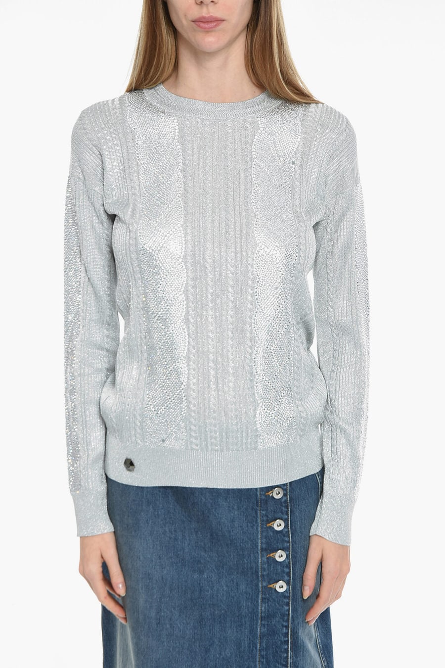 Philipp Plein 2470~Round-Neck Long-Sleeve Crystal Pullover