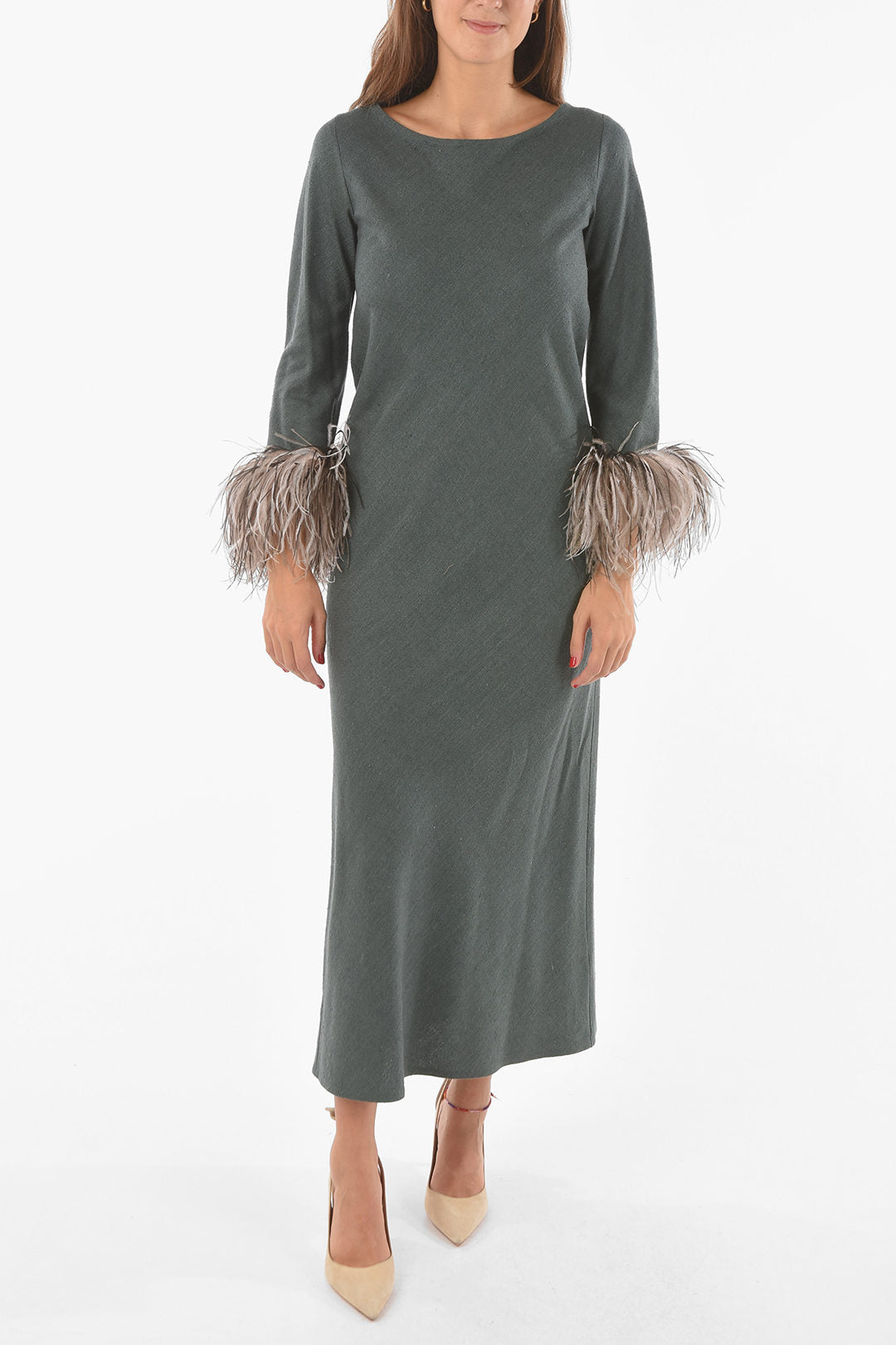Stephan Janson 2470~Silk Maxi Dress with Feather Trim at Sleeve Hem