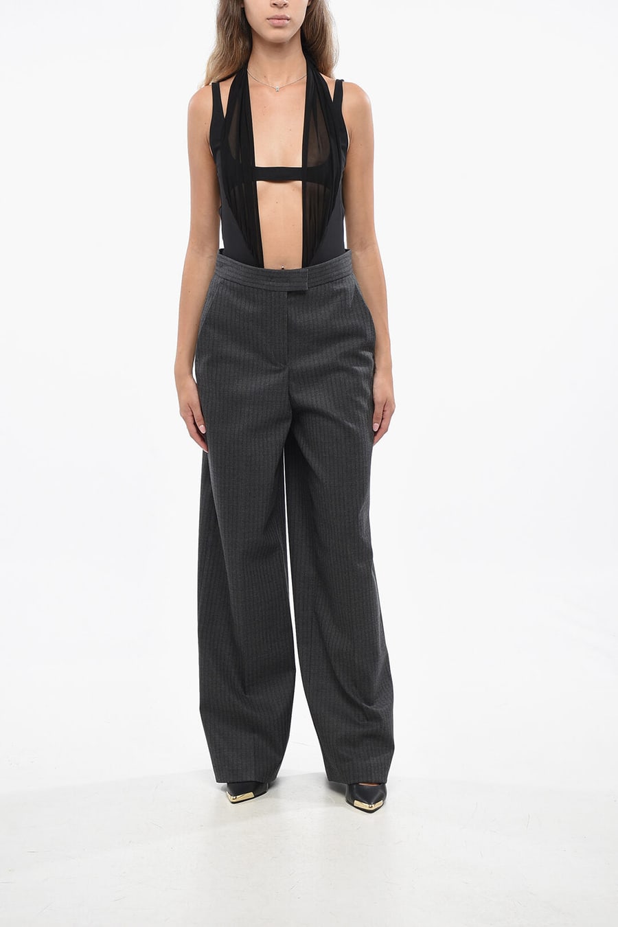 Fendi 2470~Striped Wool Trousers With Hidden Button Closure, view 4