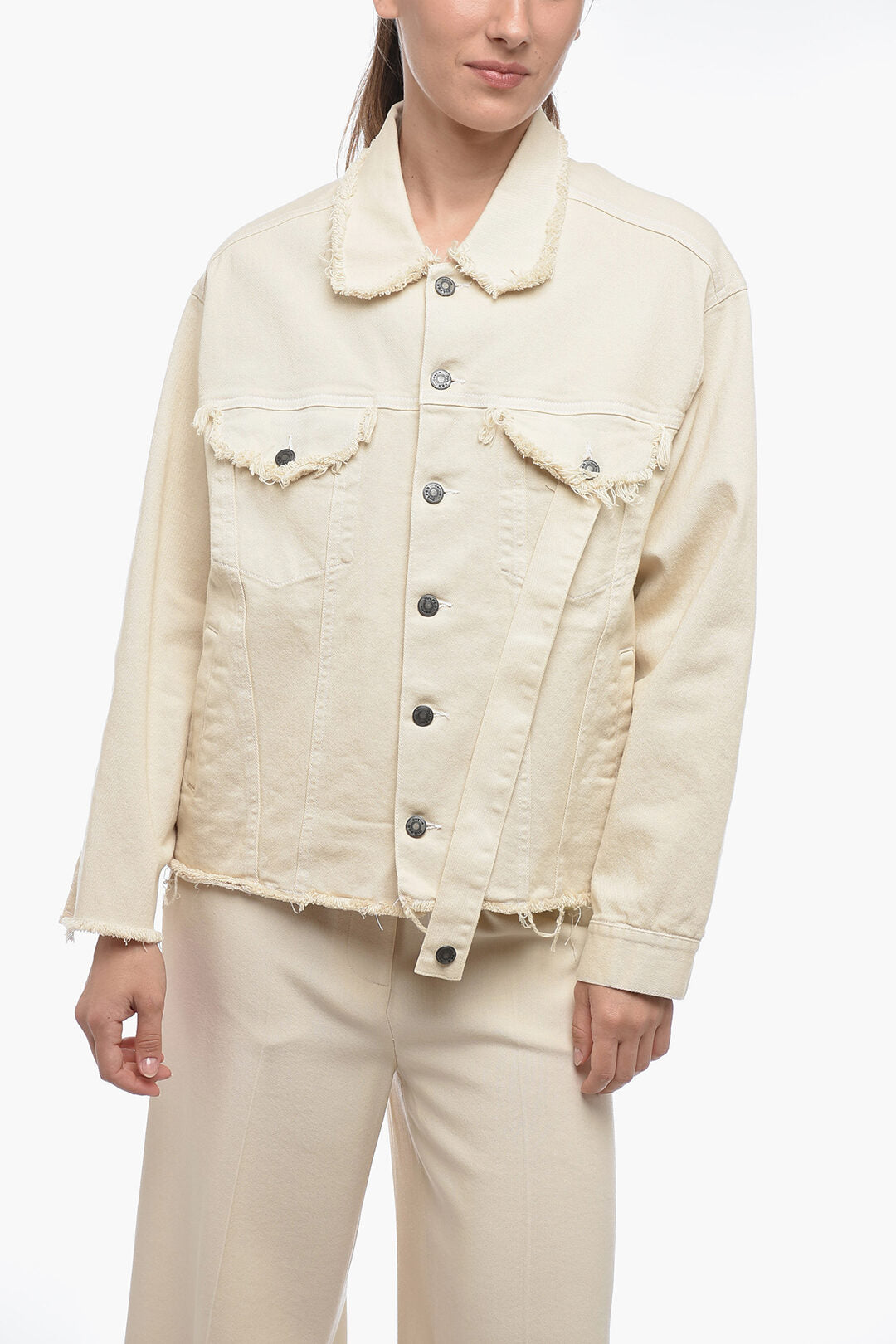 Julfer 2500~Dropped-Shoulder Denim Jacket with Frayed Detail