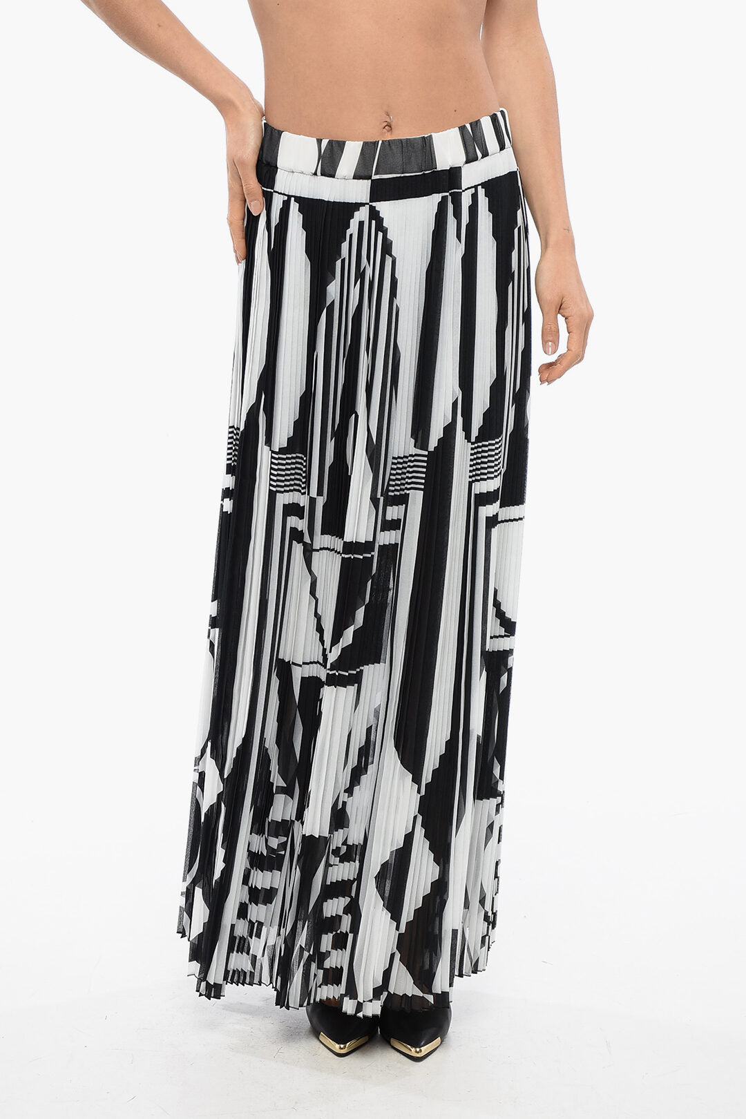 Balmain 2550~Pleated Longuette Skirt with Geometric Print