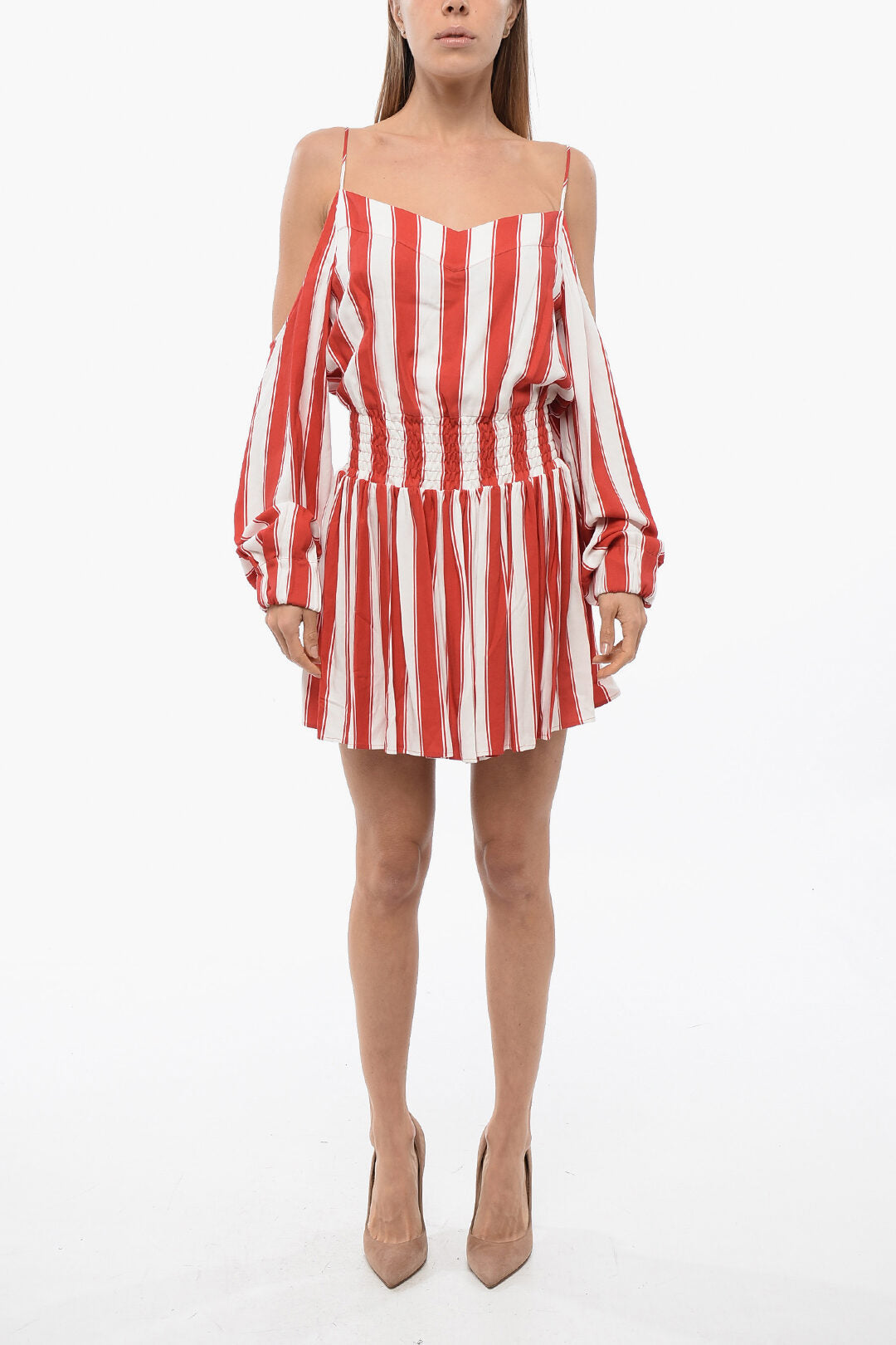 Balmain 2550~Viscose Mini Dress with Balanced Stripes and Cold-Shoulder Design