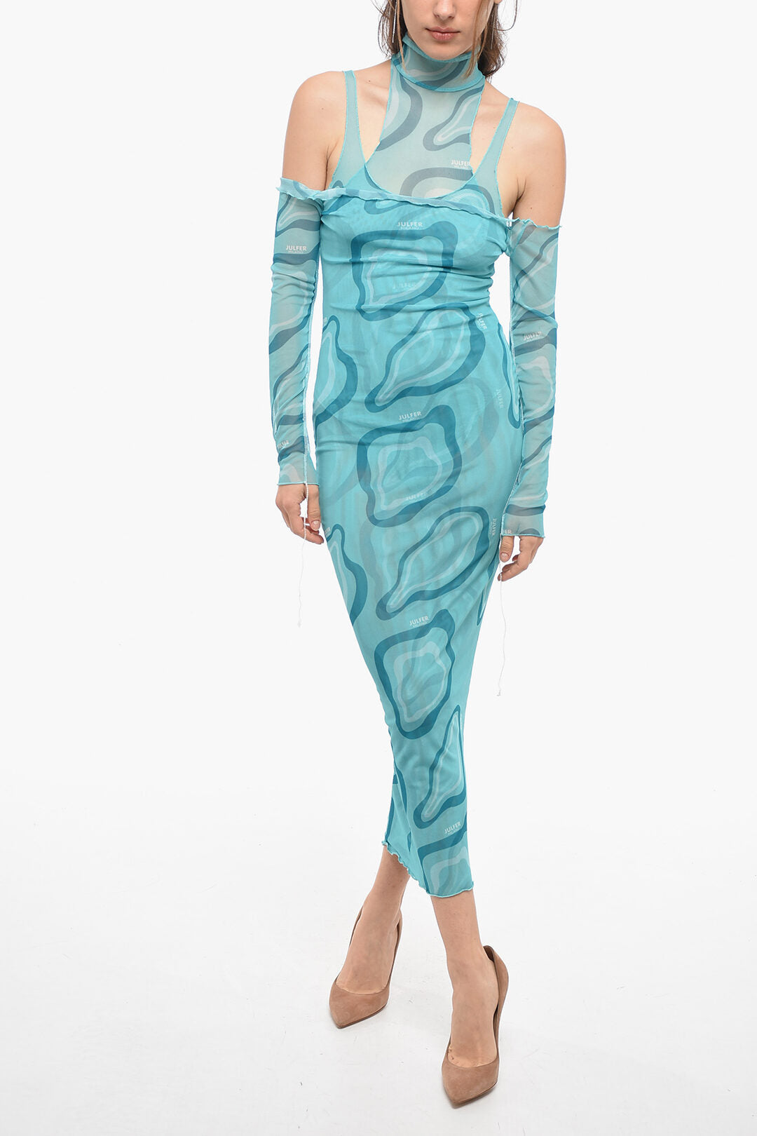 Julfer 2750~Mesh Maxi Cold-Shoulder Sheath Dress
