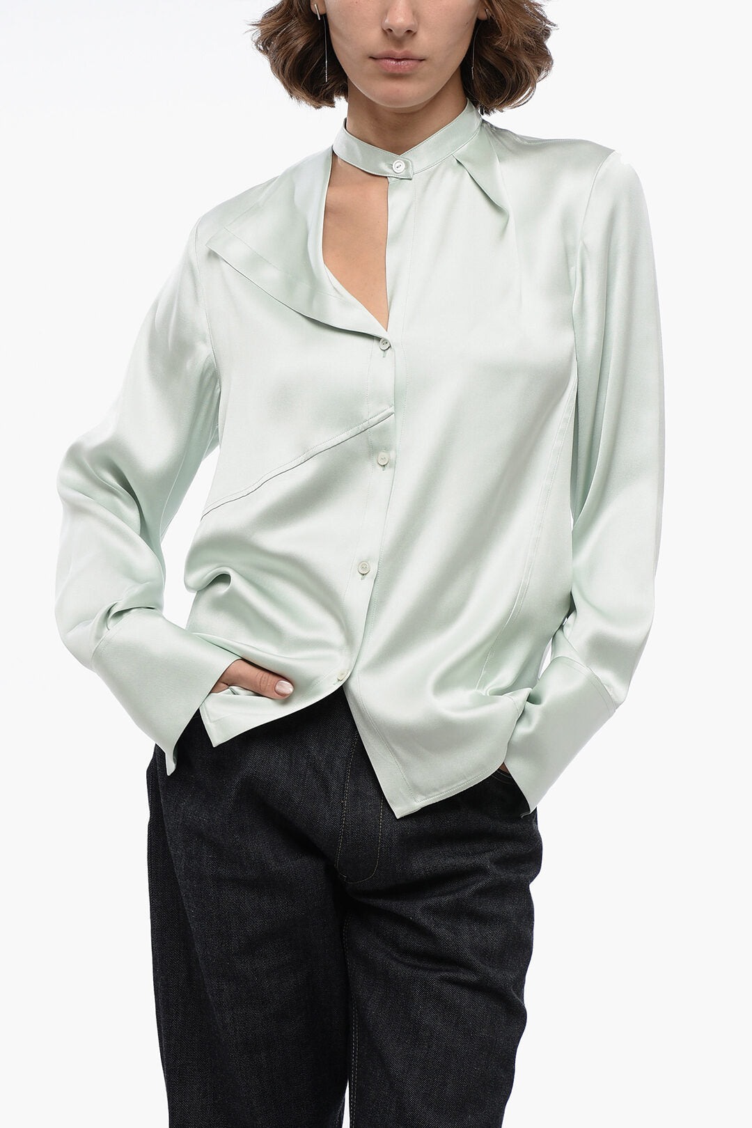 Jil Sander 2750~Satin Shirt FLUID with Asymmetric Korean Collar