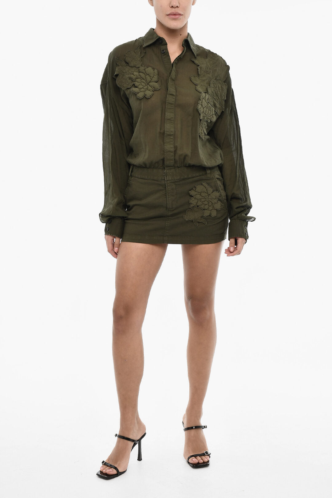 Dsquared2 2800~Solid-Color Mini Shirt Dress with Floral Pattern