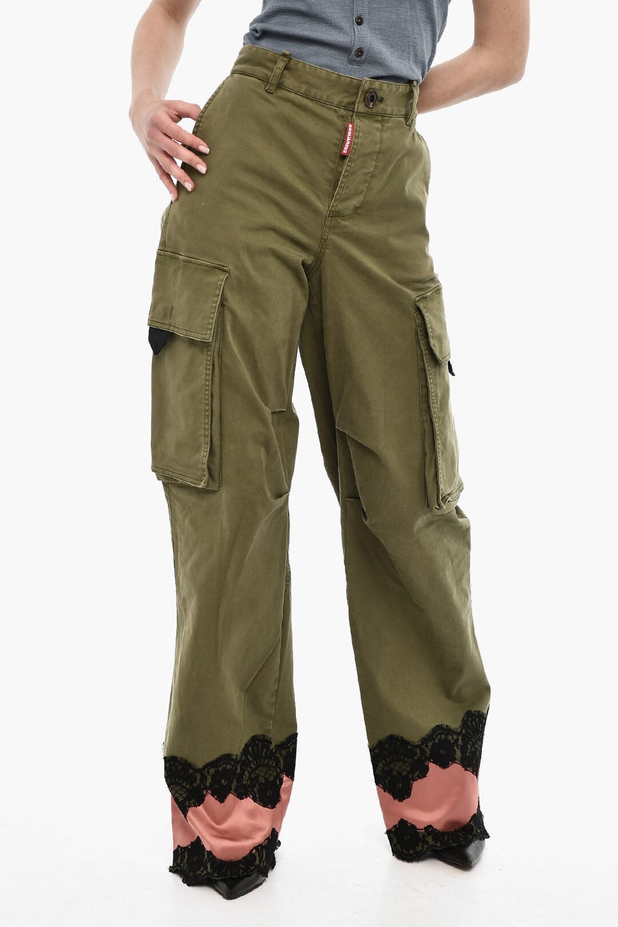 Dsquared2 2850~High-Waisted Cargo Pants with Satin Hem