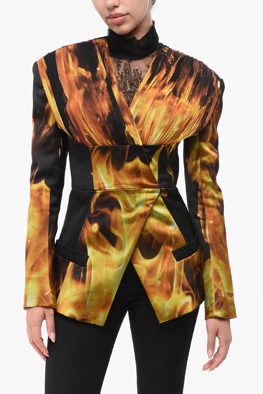 Balmain 2950~Collarless Blazer FIRE In Printed Satin