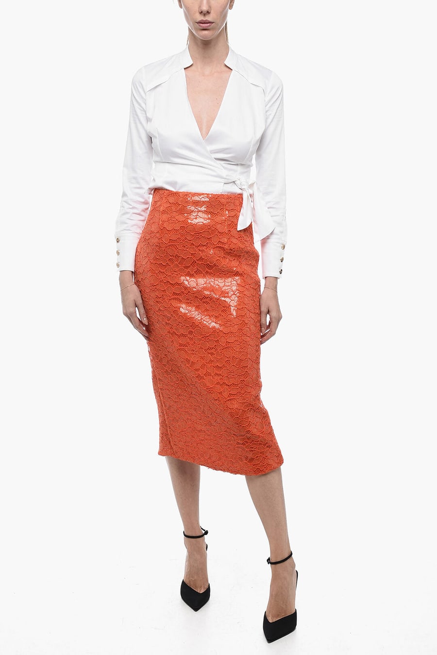 LaQuan Smith 2950~Lace and Sequin Midi Skirt with Back Slit, view 4