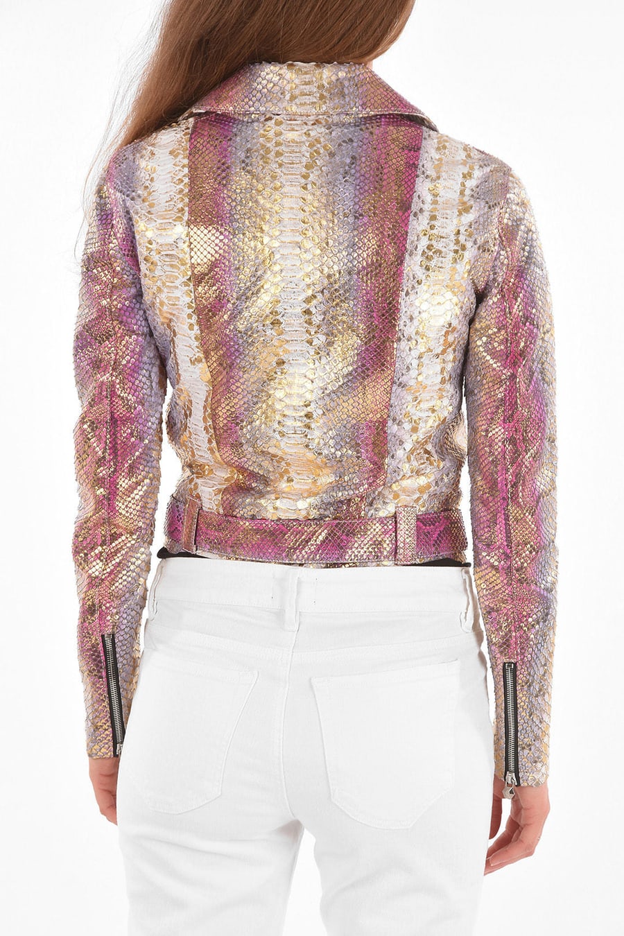 Philipp Plein 3050~COUTURE Python Leather Biker Jacket PINK MOOD
