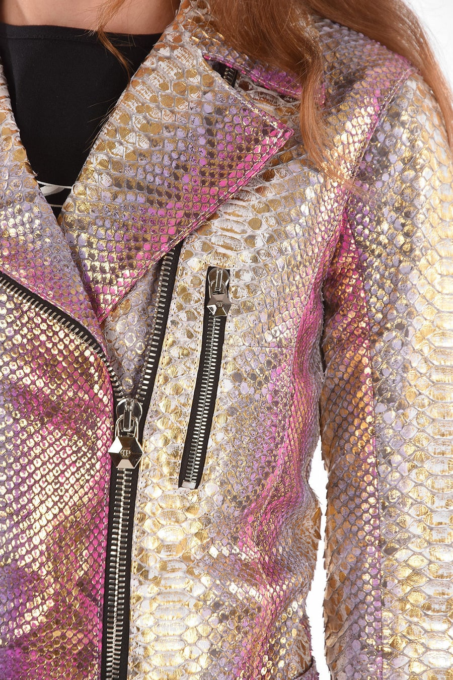Philipp Plein 3050~COUTURE Python Leather Biker Jacket PINK MOOD, view 2
