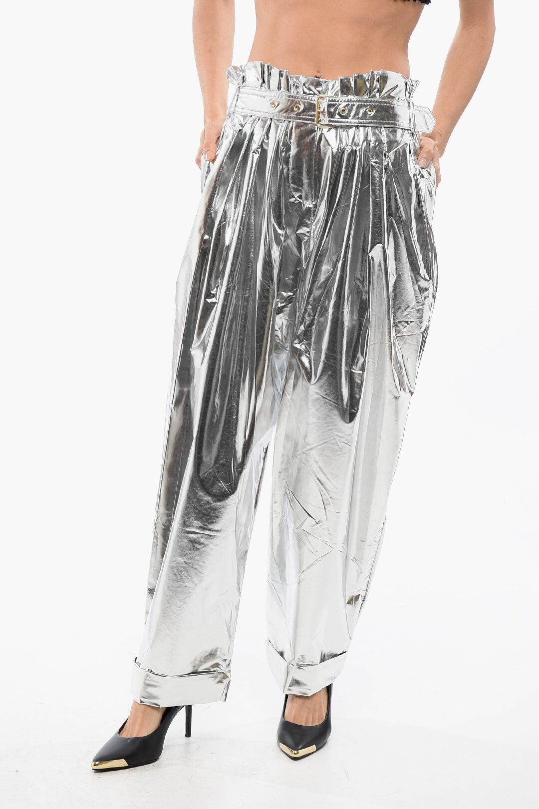 Balmain 3050~High-Waisted Baggy-Fit Trousers with Pleats and Metallic Effect