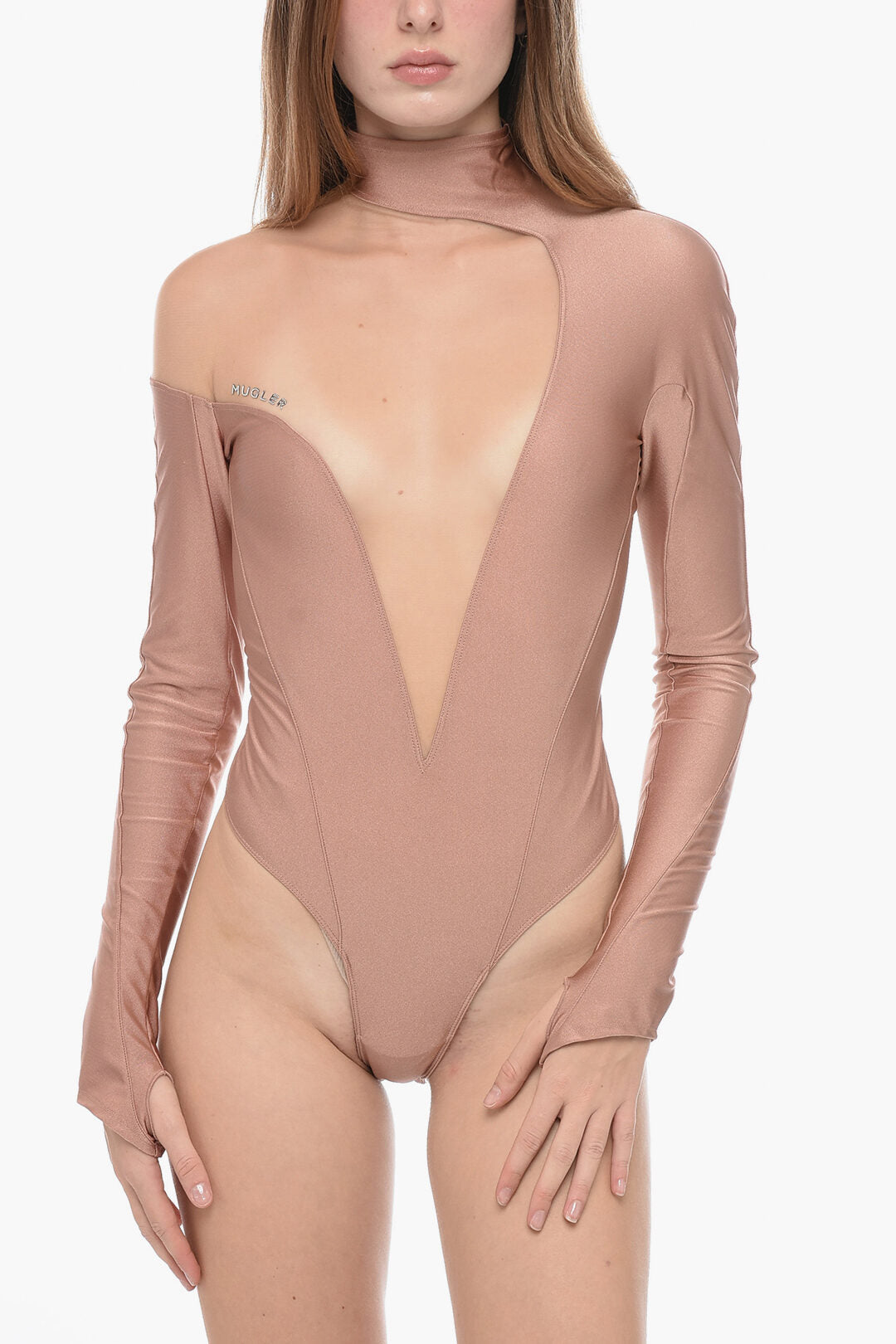 Mugler 3050~Jersey Bodysuit with Tumb-Hole Design and Mesh Insert