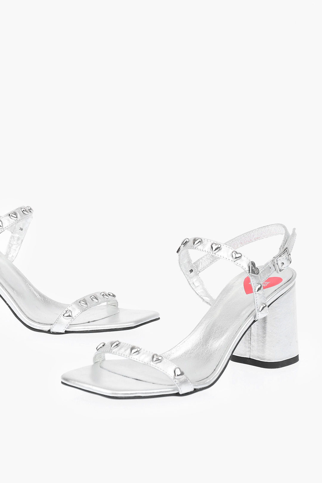 Moschino 3050~LOVE Laminated Leather Chunky-Heel Sandals with Studs