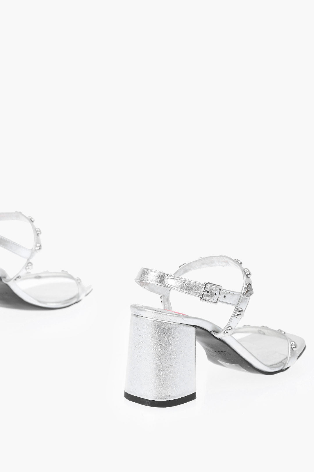 Moschino 3050~LOVE Laminated Leather Chunky-Heel Sandals with Studs, view 2