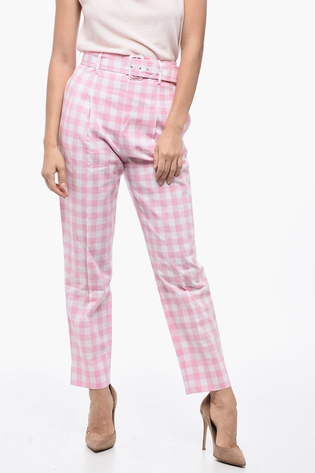 Prada 3050~One-Pleat Vichy Cotton Trousers with Belt