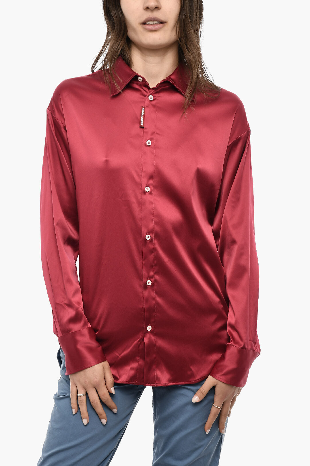 Dsquared2 3050~Satin Long-Sleeve Shirt with Logo in Strass