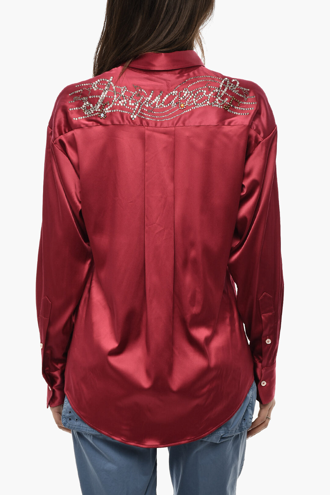 Dsquared2 3050~Satin Long-Sleeve Shirt with Logo in Strass, view 2