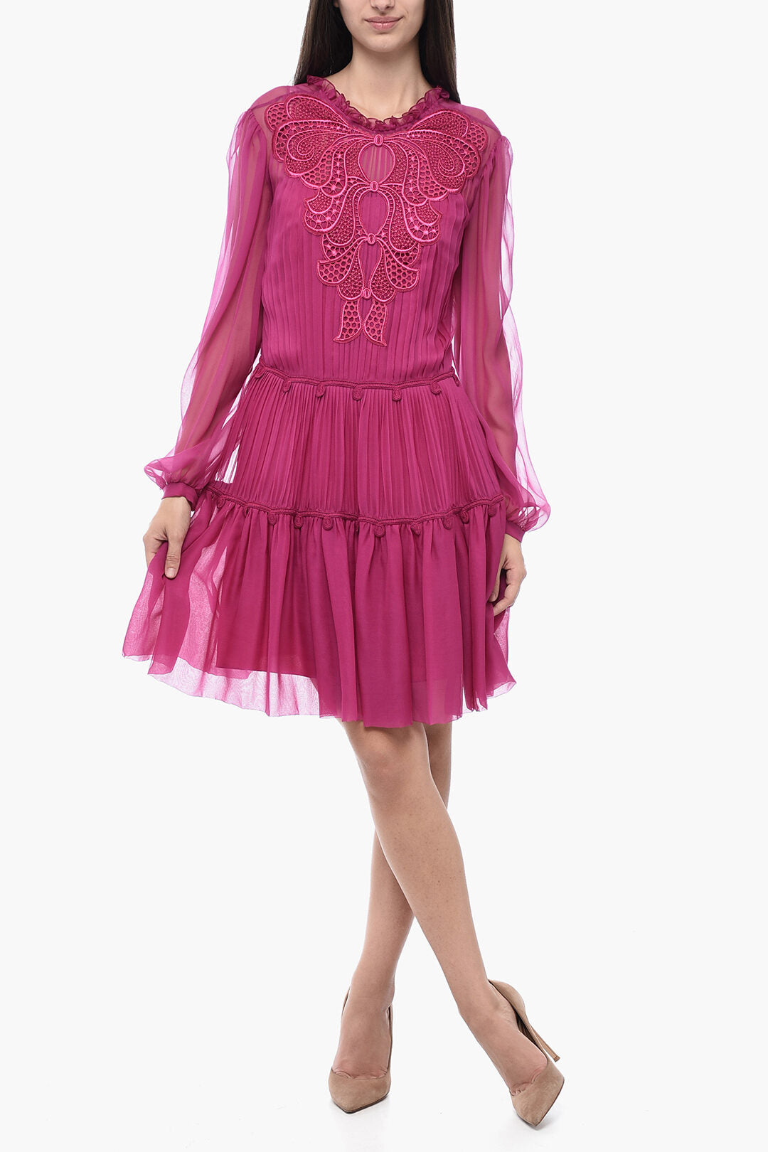 Alberta Ferretti 3050~Silk Plissé Dress with Tone-on-Tone Embroidery