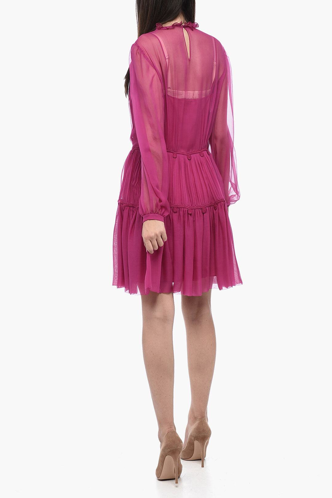 Alberta Ferretti 3050~Silk Plissé Dress with Tone-on-Tone Embroidery, view 2