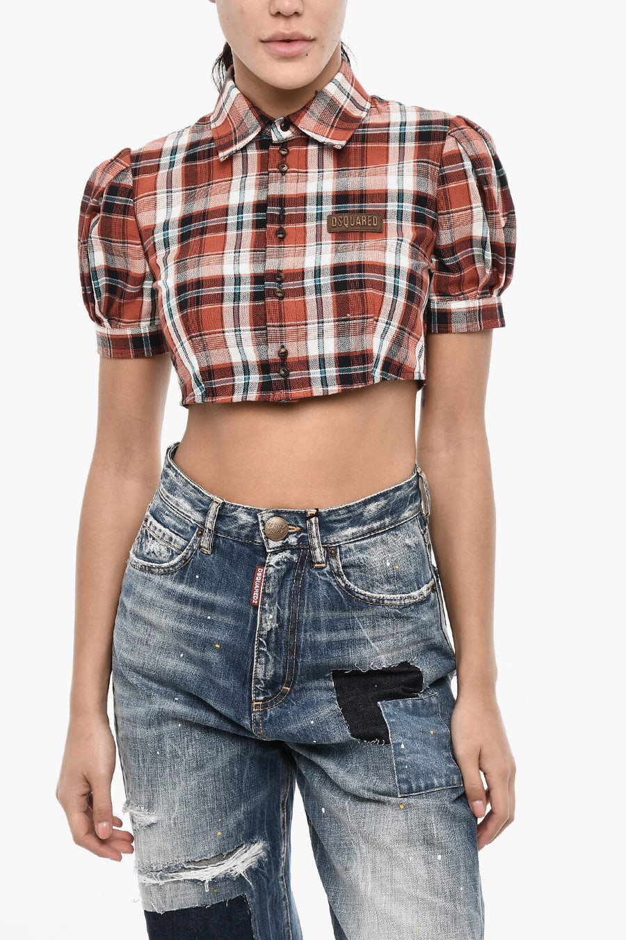 Dsquared2 3250~Checked Crop Blouse with Leather Logo