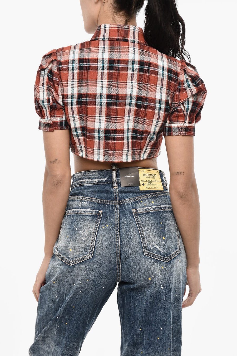 Dsquared2 3250~Checked Crop Blouse with Leather Logo, view 2