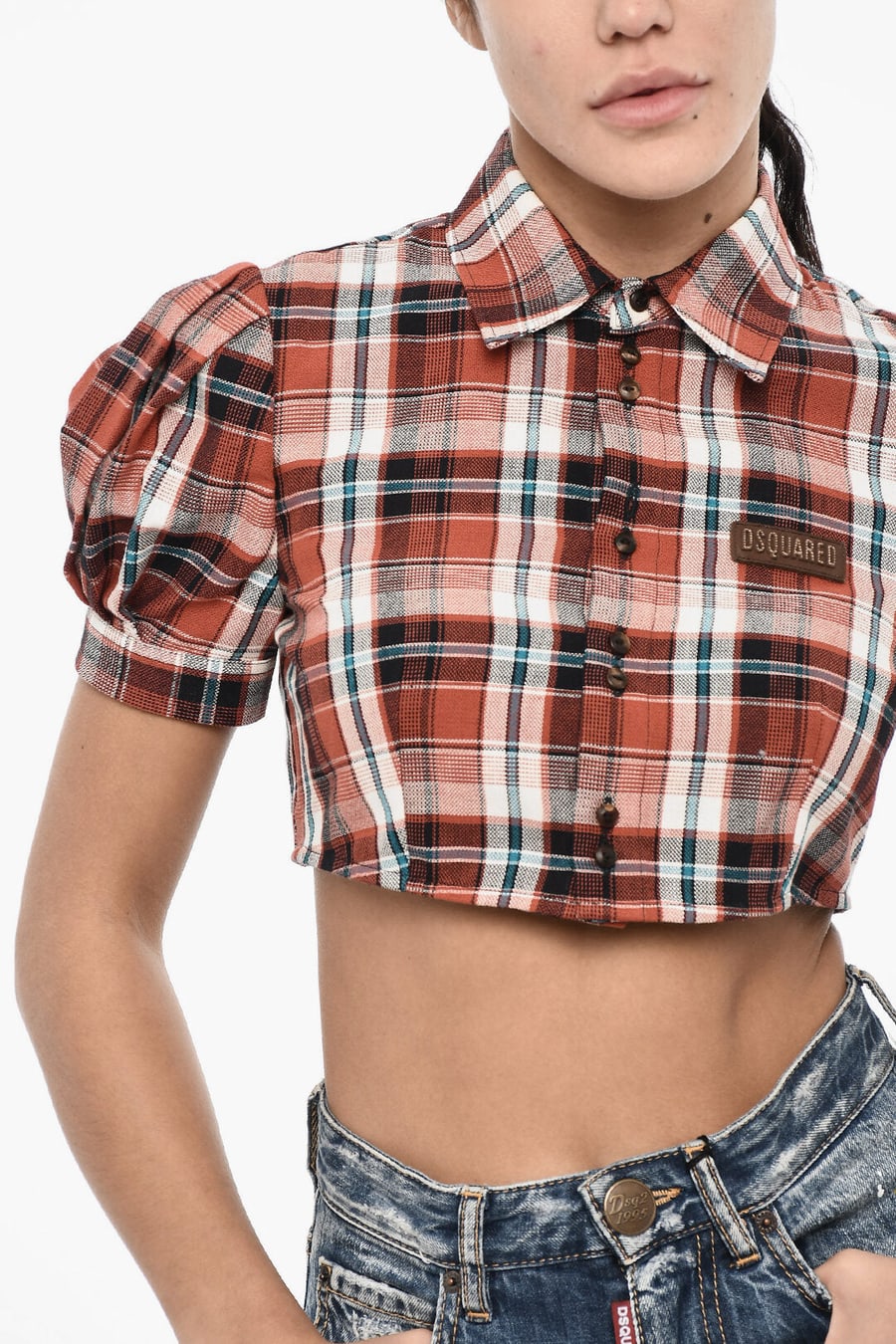 Dsquared2 3250~Checked Crop Blouse with Leather Logo, view 3