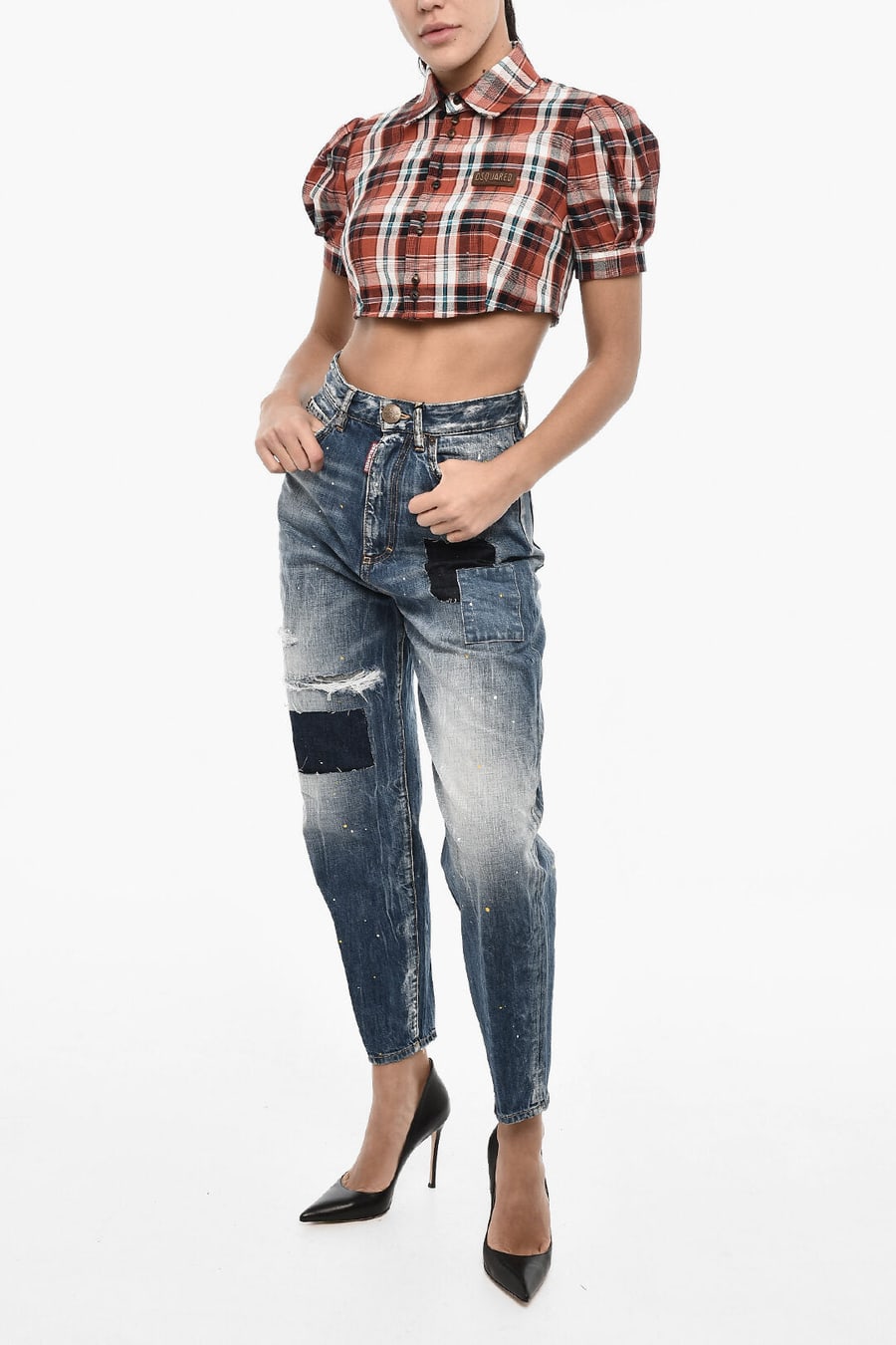 Dsquared2 3250~Checked Crop Blouse with Leather Logo, view 4