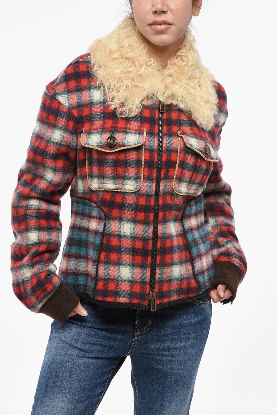 Dsquared2 3250~Checked Flannel Jacket with Fur Collar